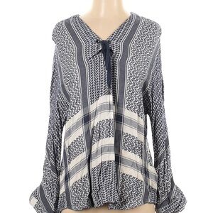 Rails Blue and White Tie Front Blouse with Long Sleeves